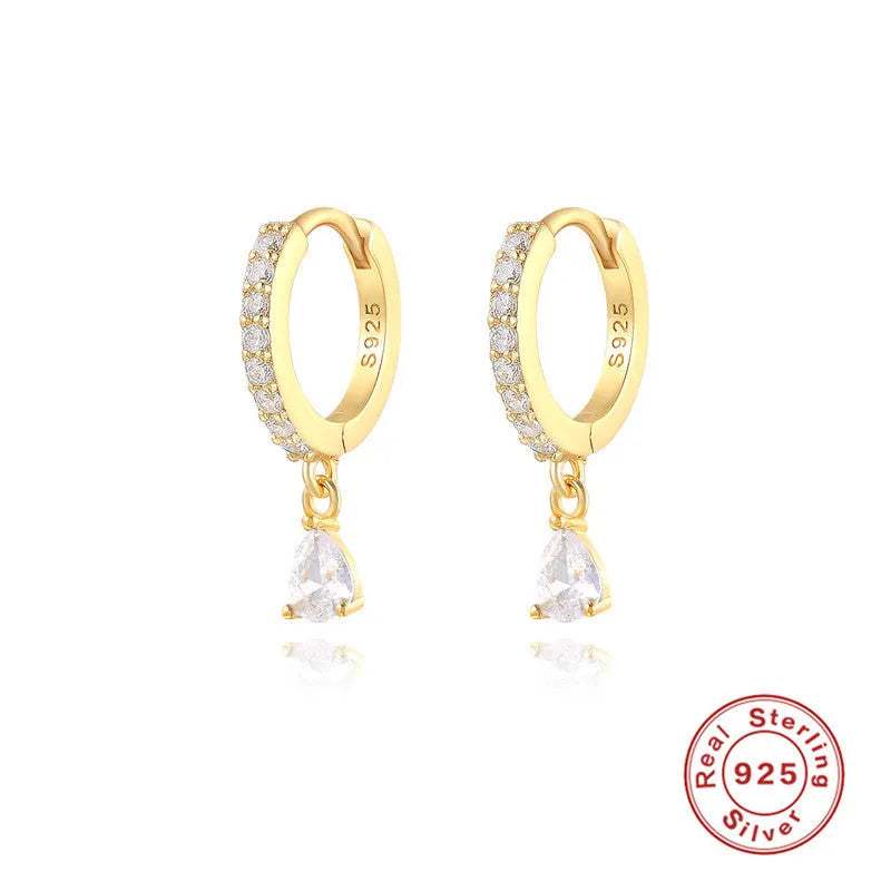 Geometric water drop earrings in Sterling Silver with electroplated gold finish and purple diamond stones