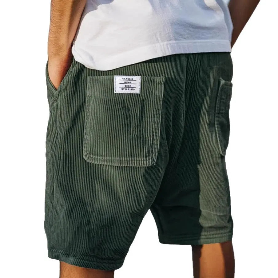 Men's grey corduroy shorts with multiple pockets and embroidery detail, straight-leg summer design