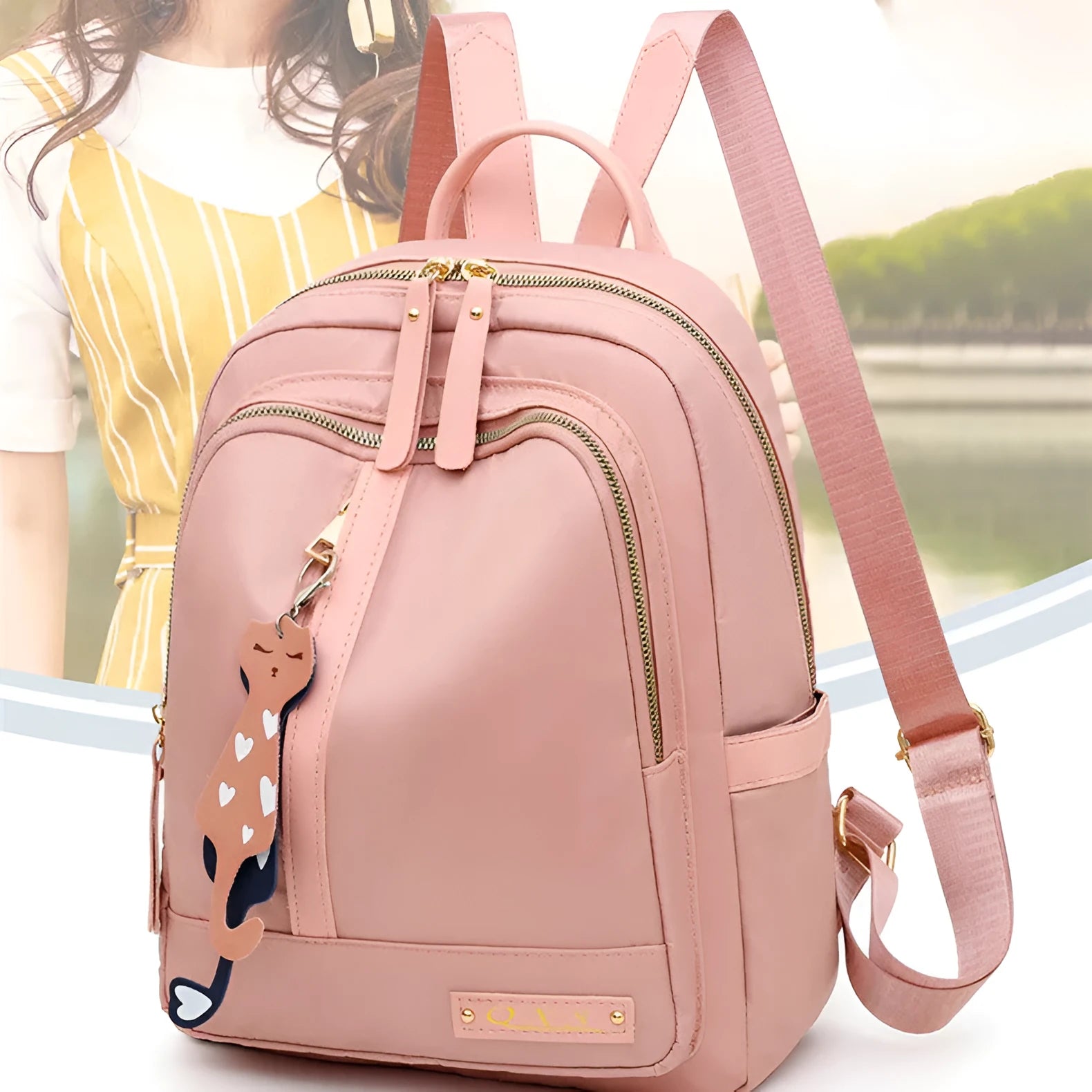 Soft nylon casual backpack in black or pink with three-dimensional pockets and double shoulder straps