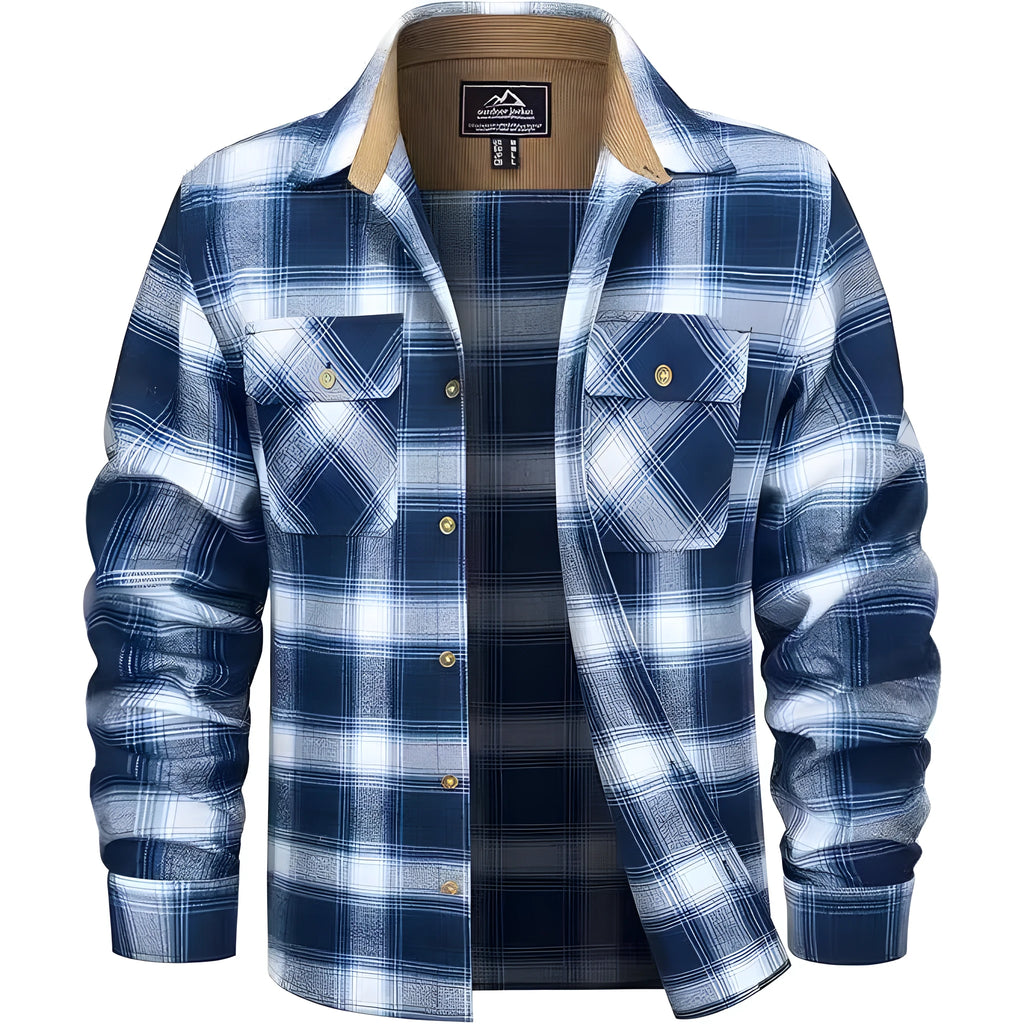 Men's plaid flannel casual button shirt in orange colour on a hanger.