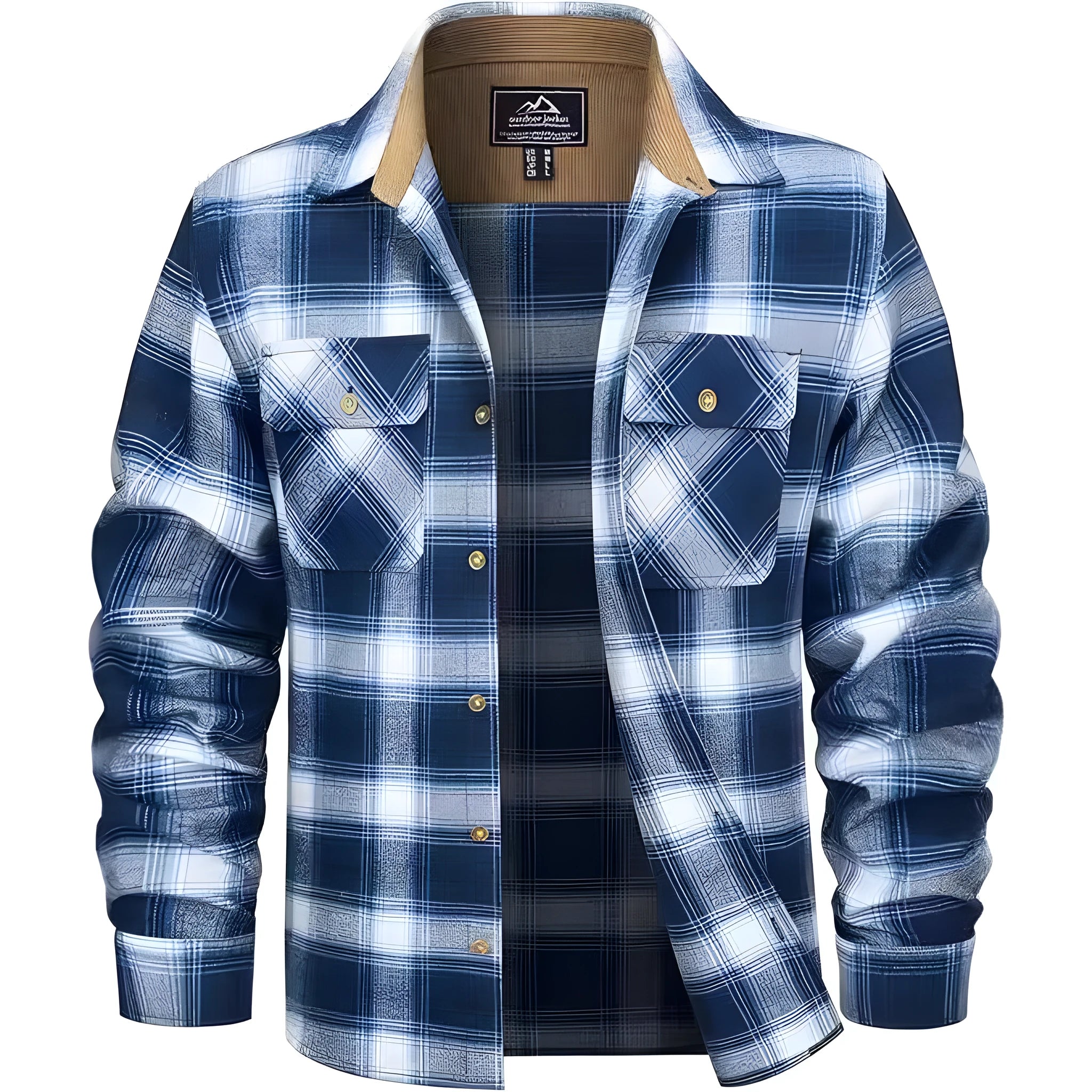 Men's plaid flannel casual button shirt in orange colour on a hanger.