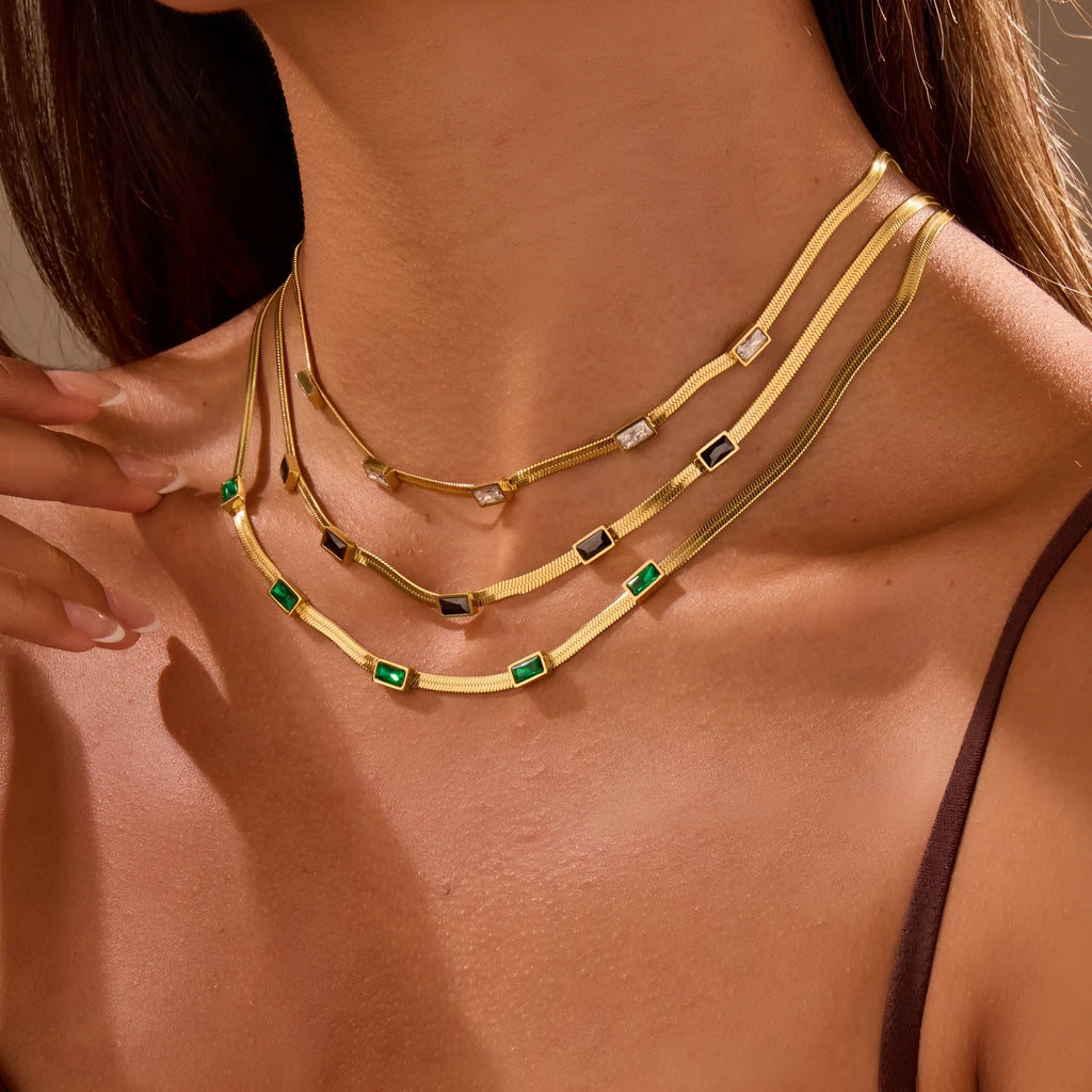 Geometric square zircon retro necklace with stainless steel flat snake chain and 18K gold plating