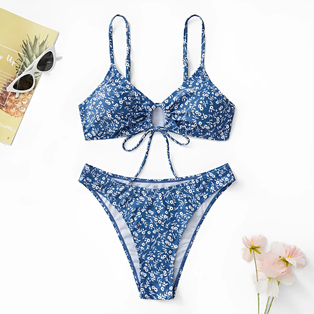 Blue women's three-piece swimsuit set without underwire including top and shorts