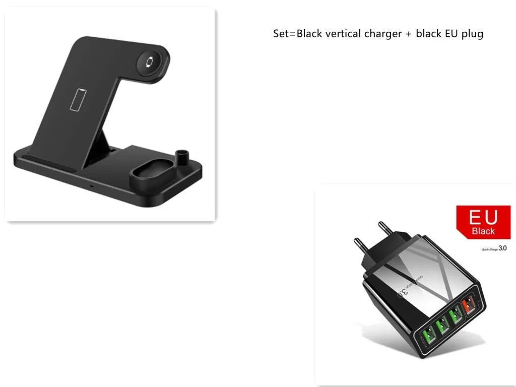 4-in-1 wireless charging station showing iPhone, Apple Watch, AirPods and Apple Pencil charging simultaneously on adjustable stand