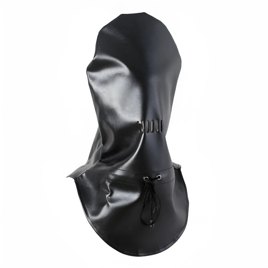 Black Pu leather BDSM mask with adjustable strap and openings for eyes and mouth.