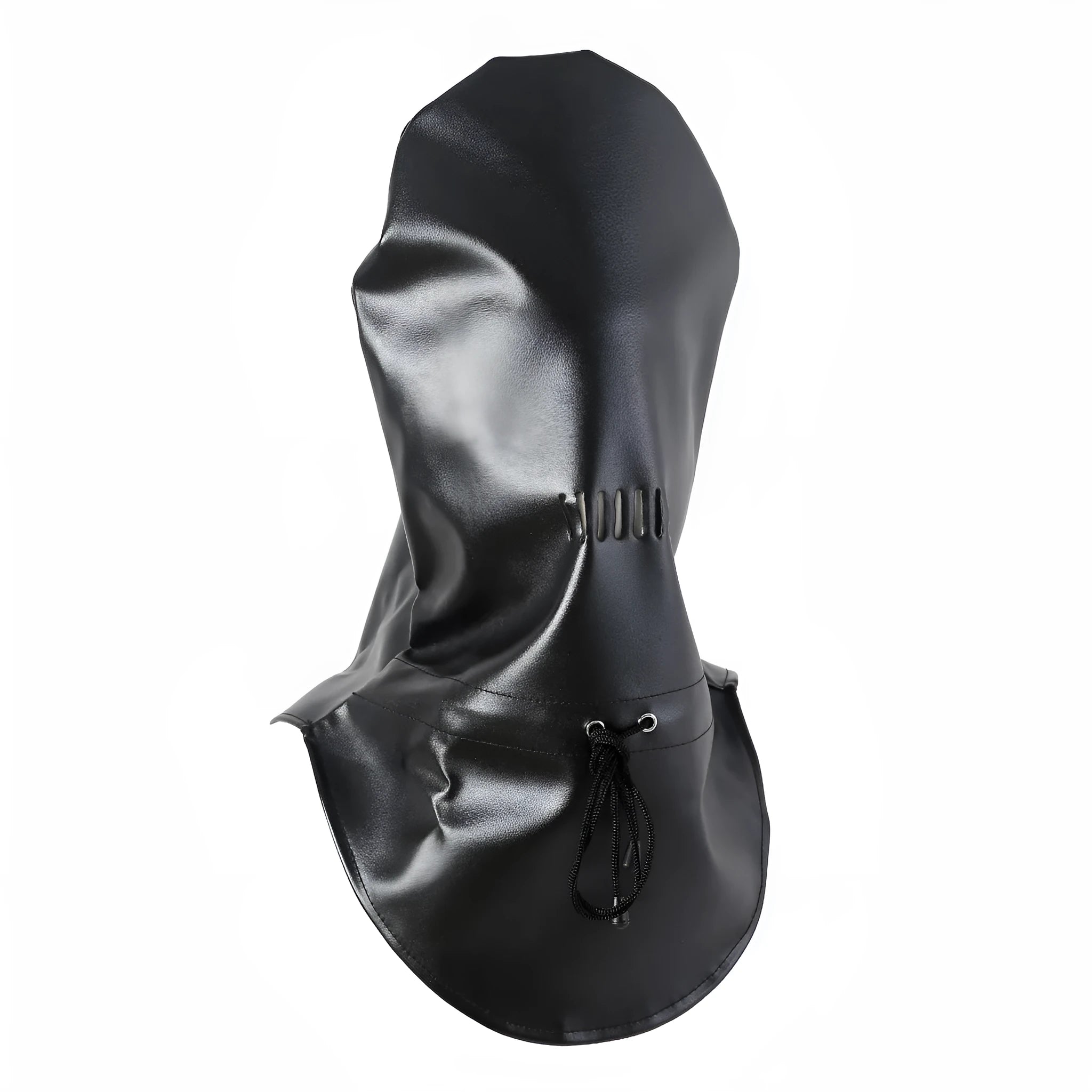 Black Pu leather BDSM mask with adjustable strap and openings for eyes and mouth.