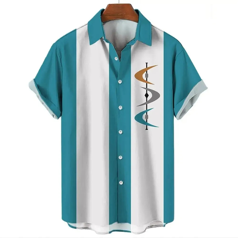 Men's striped Hawaiian shirt with short sleeves and button-up front