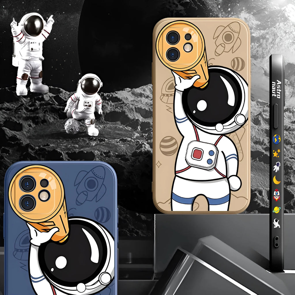 Silicone phone case with cartoon astronaut and planet design for iPhone.