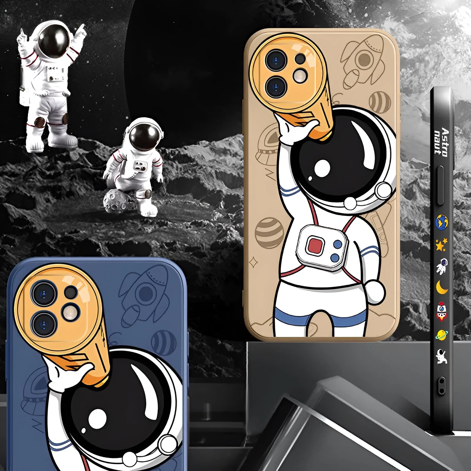 Silicone phone case with cartoon astronaut and planet design for iPhone.