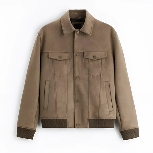 British-style suede velvet commuter jacket in mink colour with long sleeves and spandex fabric