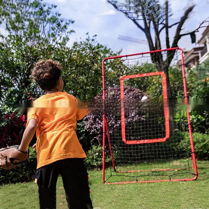 Red portable baseball training net with adjustable height metal frame