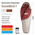 Goose down mummy sleeping bag with storage bag, shown in a neutral colour for adult outdoor use