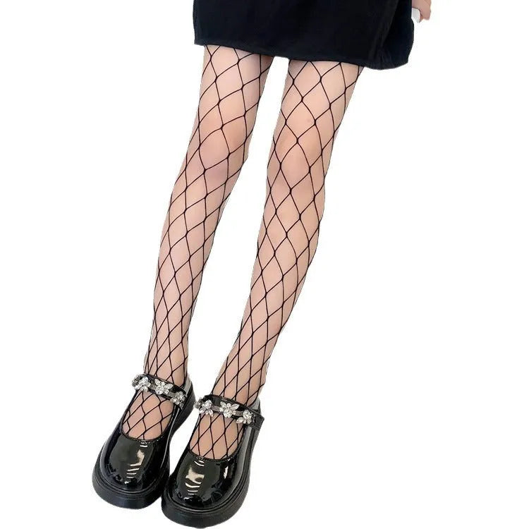 Women's summer mesh stockings in black and white, showing large, medium, and small net patterns.