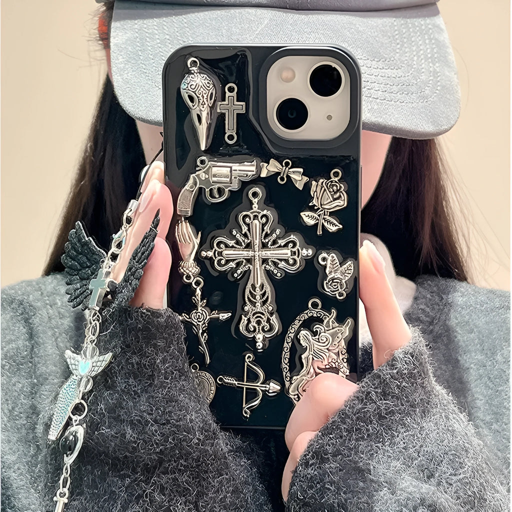 Ins retro dark wind epoxy cross phone case for iPhone showing three-dimensional cross pendant on all-inclusive protective shell