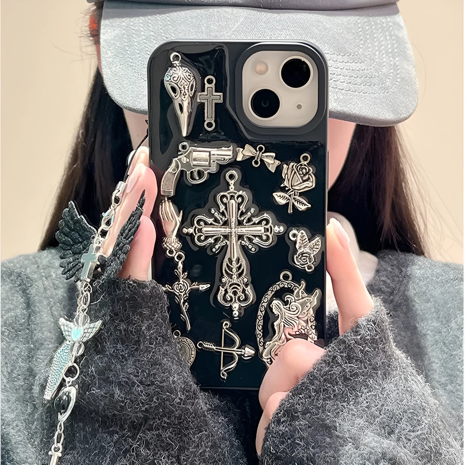 Ins retro dark wind epoxy cross phone case for iPhone showing three-dimensional cross pendant on all-inclusive protective shell