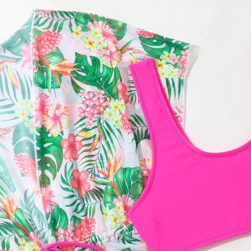 Girls' two-piece and women's three-piece floral swimsuit set in polyester