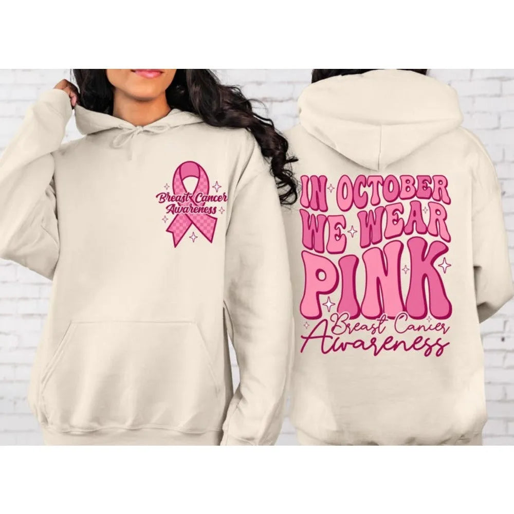 Breast cancer awareness pullover hoodie with retro hot stamping art design and a side seam pocket.