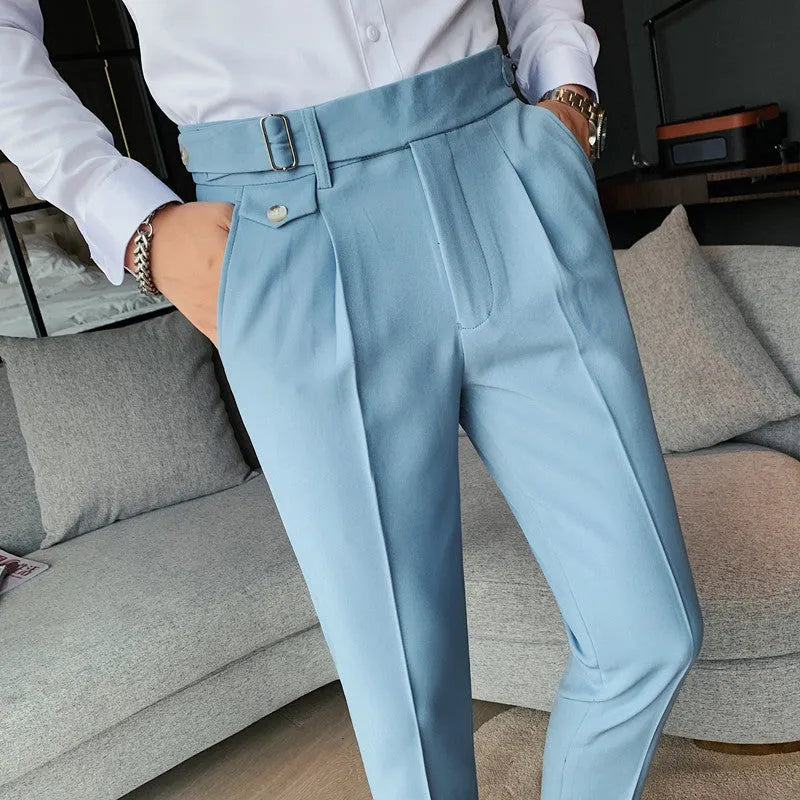 Men's straight-leg casual trousers in polyester fabric with elasticated waistband available in multiple solid colours