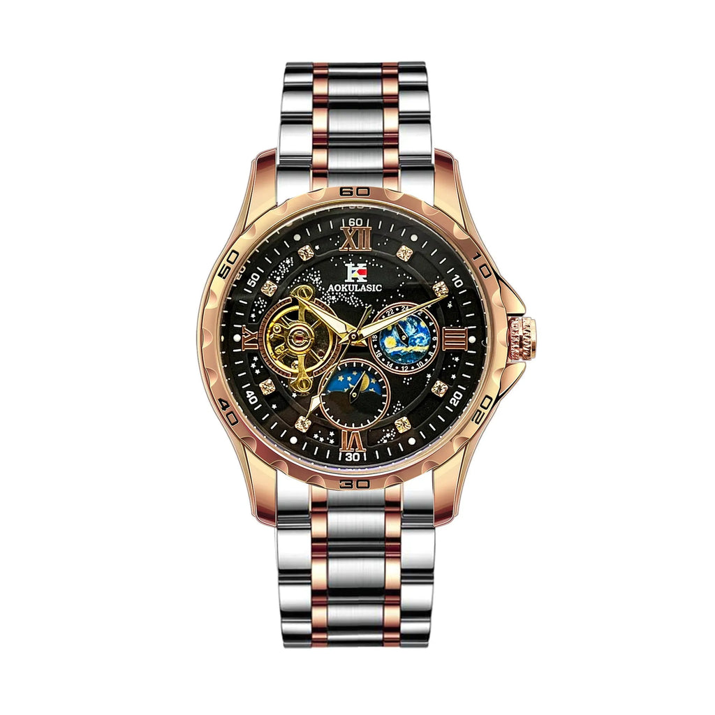 Men's automatic mechanical watch with rose gold case, black dial, and large multifunctional display