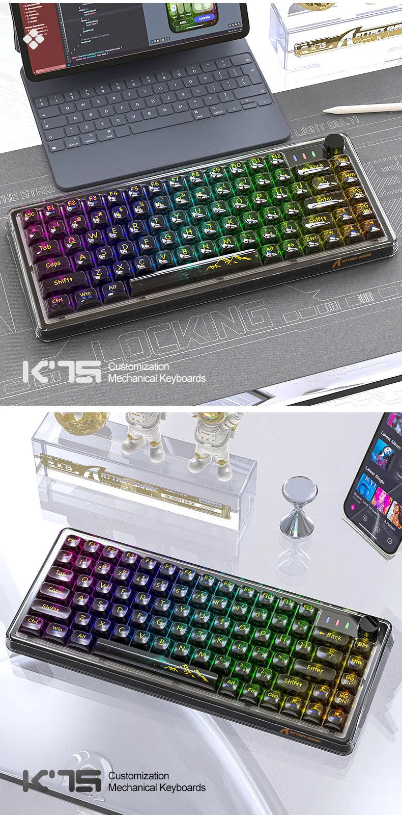 Attack Shark K75RGB wireless mechanical keyboard with transparent case showing internal components
