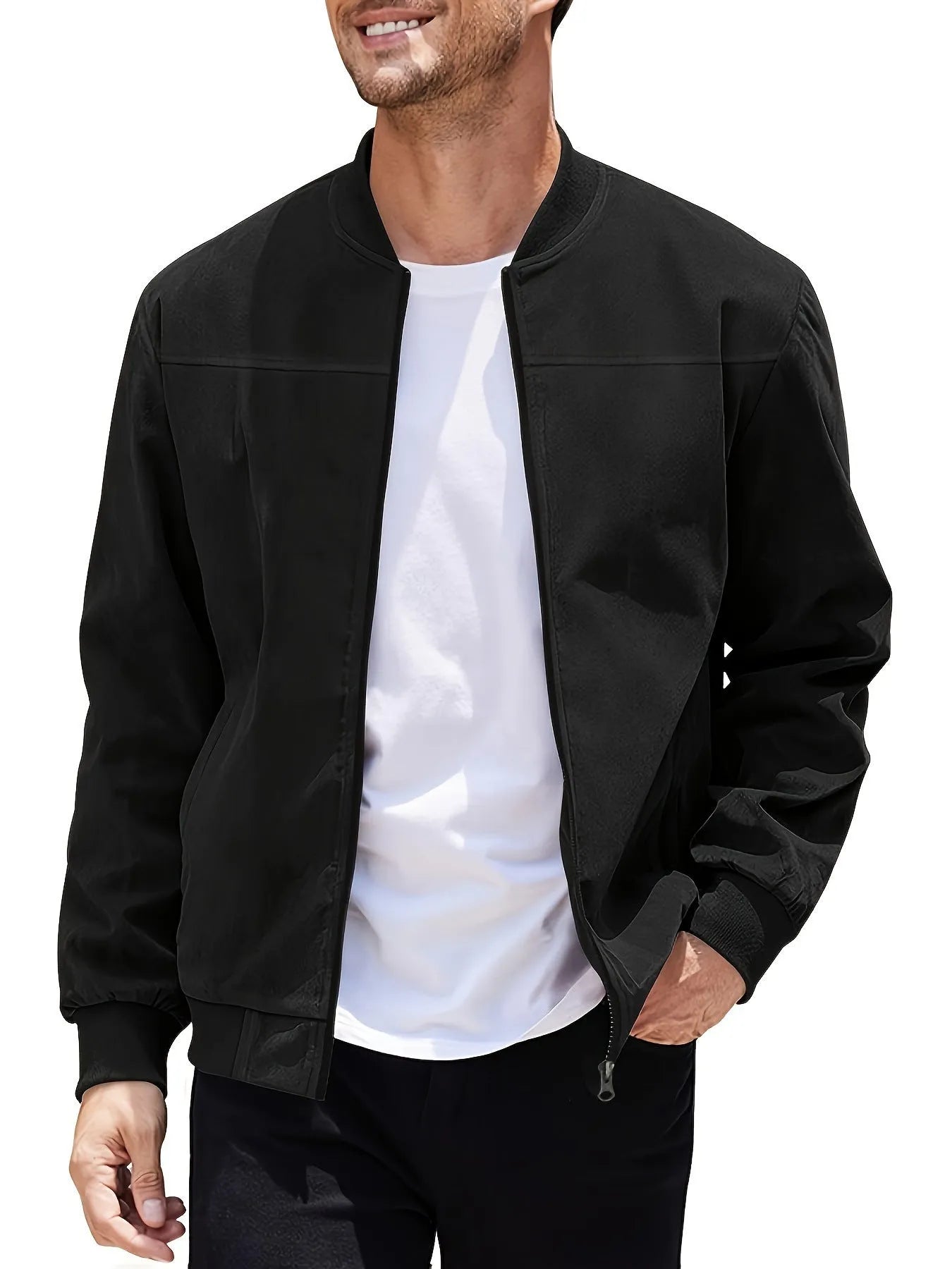Man wearing a men's plus size suede casual jacket in army green with a zipper front.