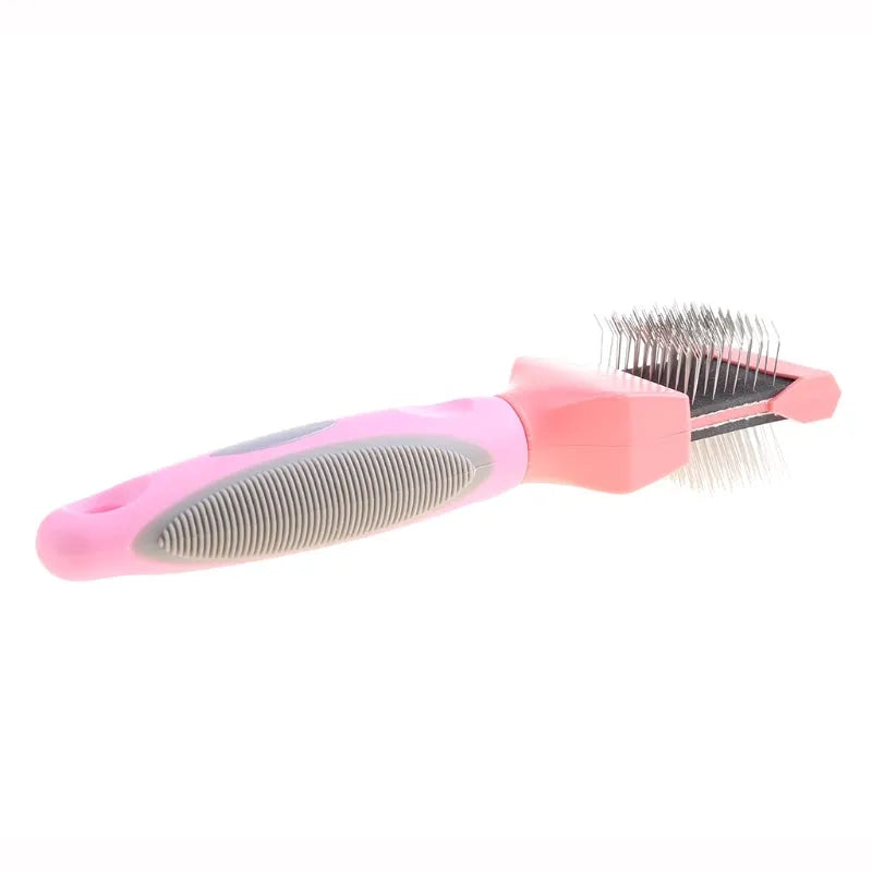 Double-sided pet grooming brush with stainless steel pins in blue or pink colour options