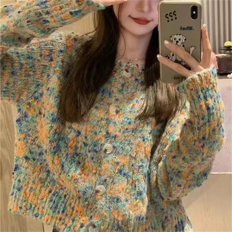 Retro rainbow pattern knitted cardigan in pink or green ice cream colours with toothbrush hair fabric