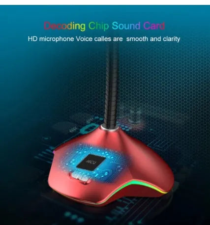 Black wired condenser microphone with 3.5mm plug, foam windscreen, and stand