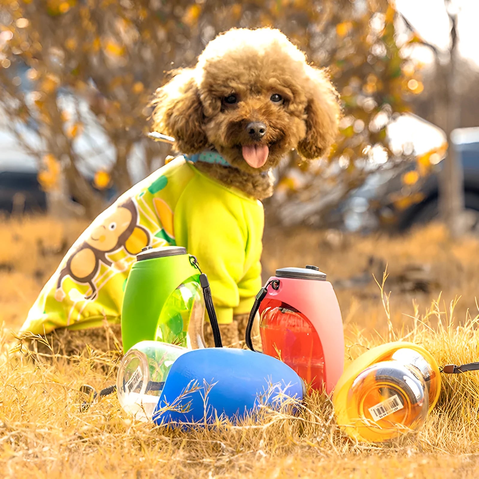 Blue portable dog water bottle with attached wide drinking bowl, showing key lock mechanism