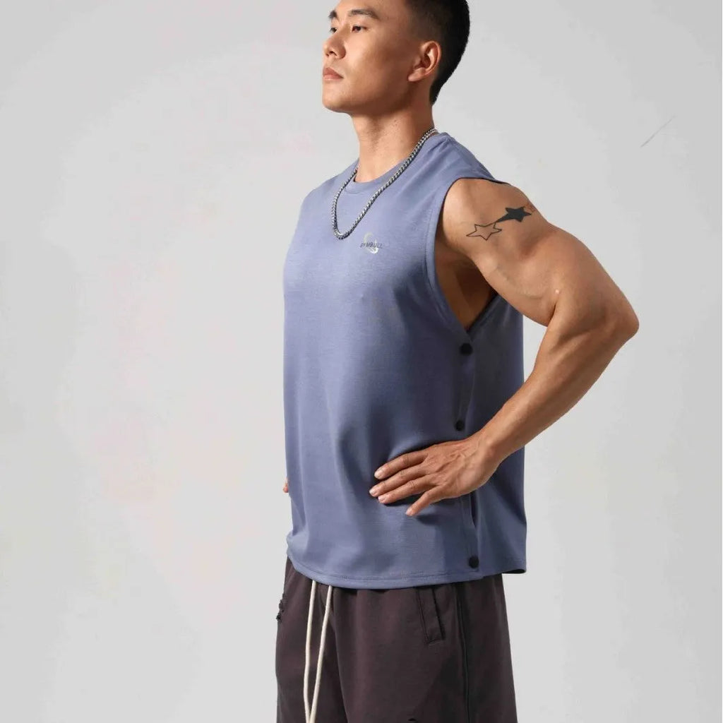 Korean style men's loose cotton fitness vest with hidden hook side openings in black, blue, grey, or white.