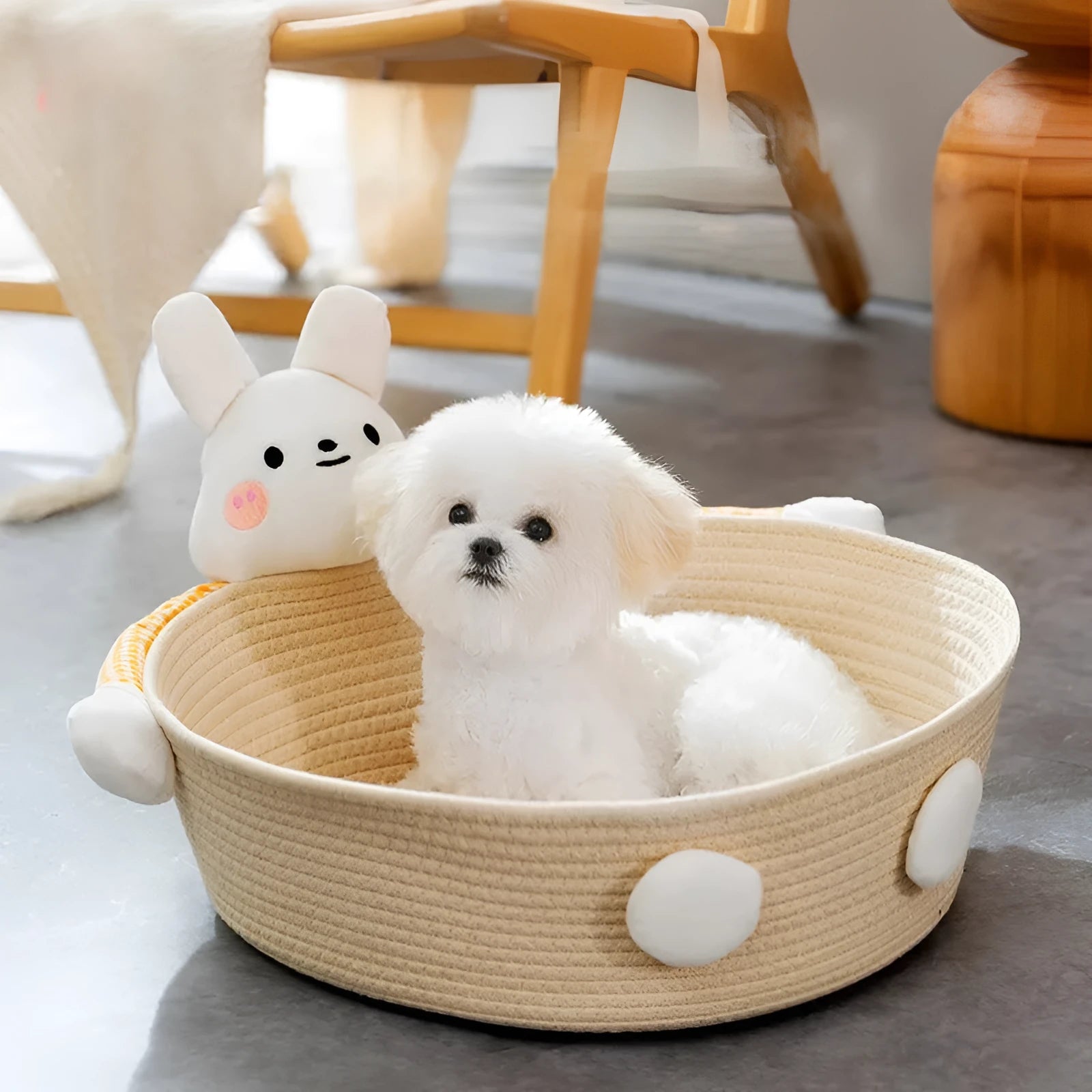 Woven cotton rope cat bed and scratching pad in bear design, showing basket shape.