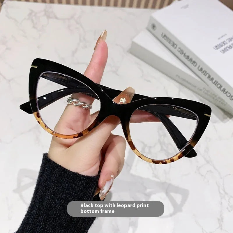 Women's large frame cat's eye presbyopic glasses with dragon and phoenix decorations in black floral frame