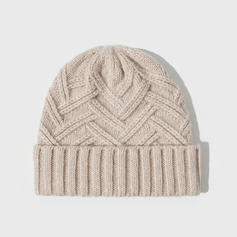 Women's wool knitted winter hat with dome crown in six colour options including red, grey, brown, white, khaki, and black