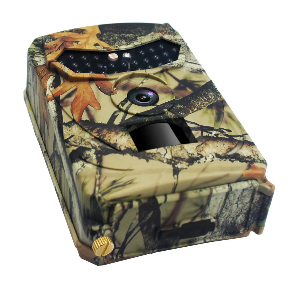 Yellow brown plastic 16MP infrared hunting scouting camera showing lens and display.