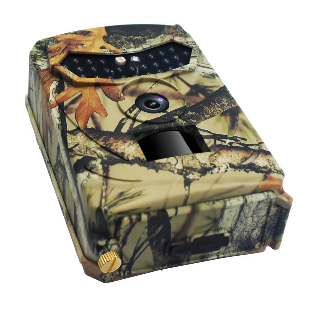Yellow brown plastic 16MP infrared hunting scouting camera showing lens and display.