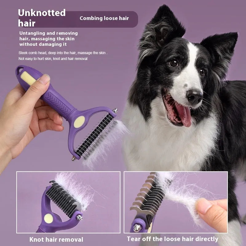 Purple plastic double-sided pet comb for removing knots from dog and cat fur