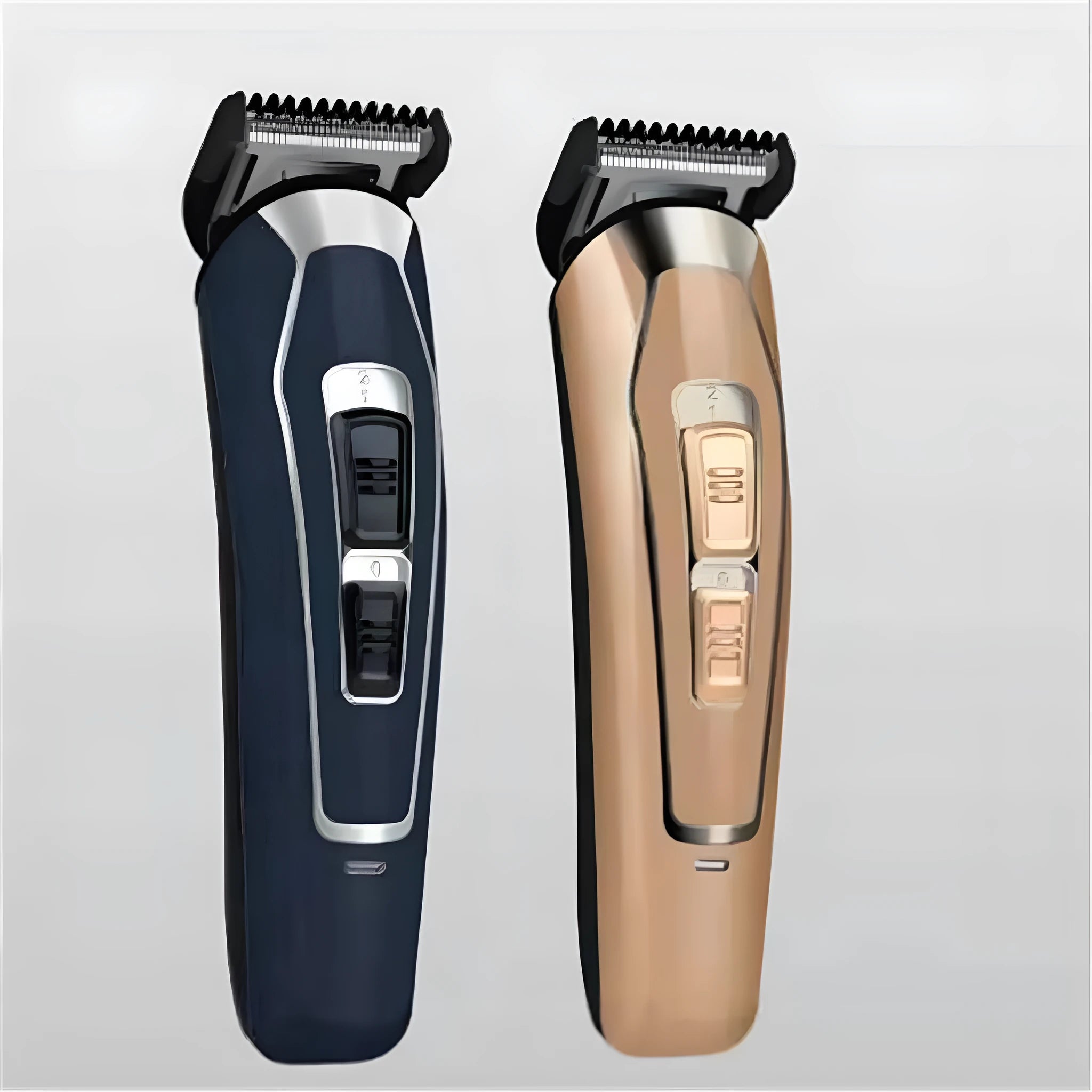 Dark blue and coffee brown rechargeable electric hair clipper on a white background