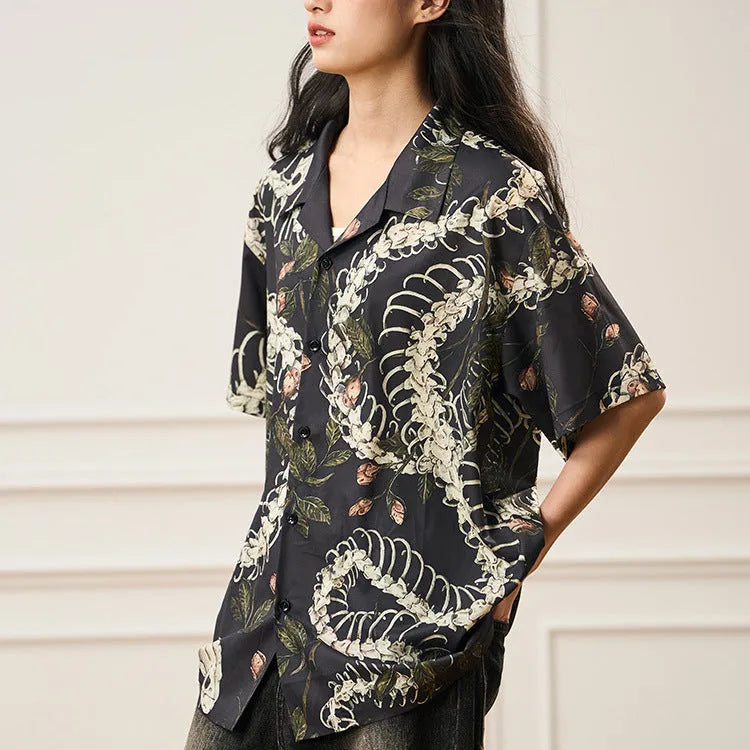 Snake bone pattern printed Cuban collar short sleeve shirt in loose fit cardigan style