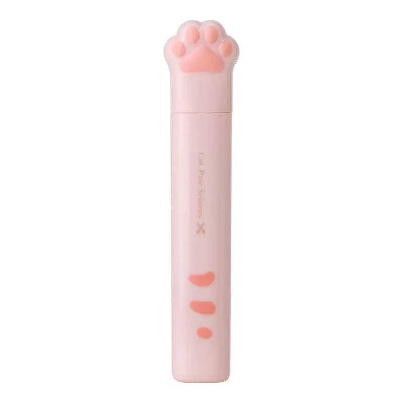Closed pink cat paw mini folding safety scissors showing the cartoon handle design.