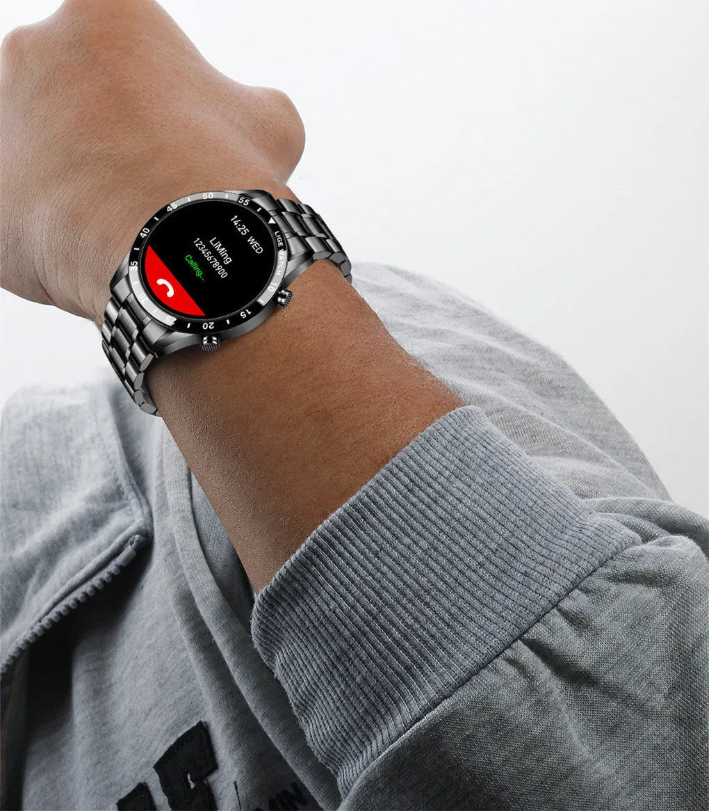 Stainless steel smart watch with black wristband and 1.3-inch touch screen display showing step count