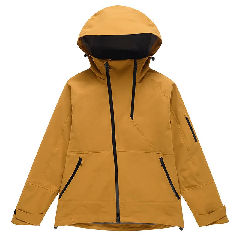 Yellow and black ski suit with thin veneer double plate construction for winter sports