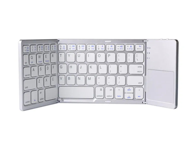 Ultra-thin tri-fold folding touch Bluetooth keyboard shown folded and unfolded with touchpad