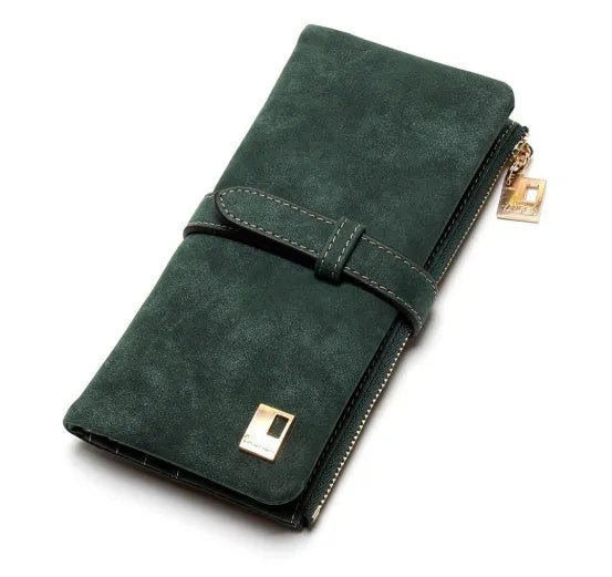 Korean retro matte leather women's long wallet open to show internal organisation compartments