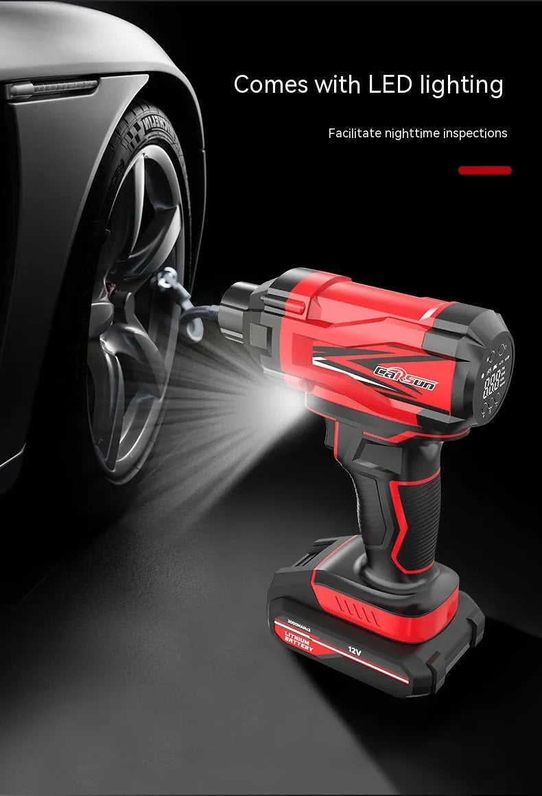 Red and black car wireless air pump with nozzles and power cables for tyre inflation