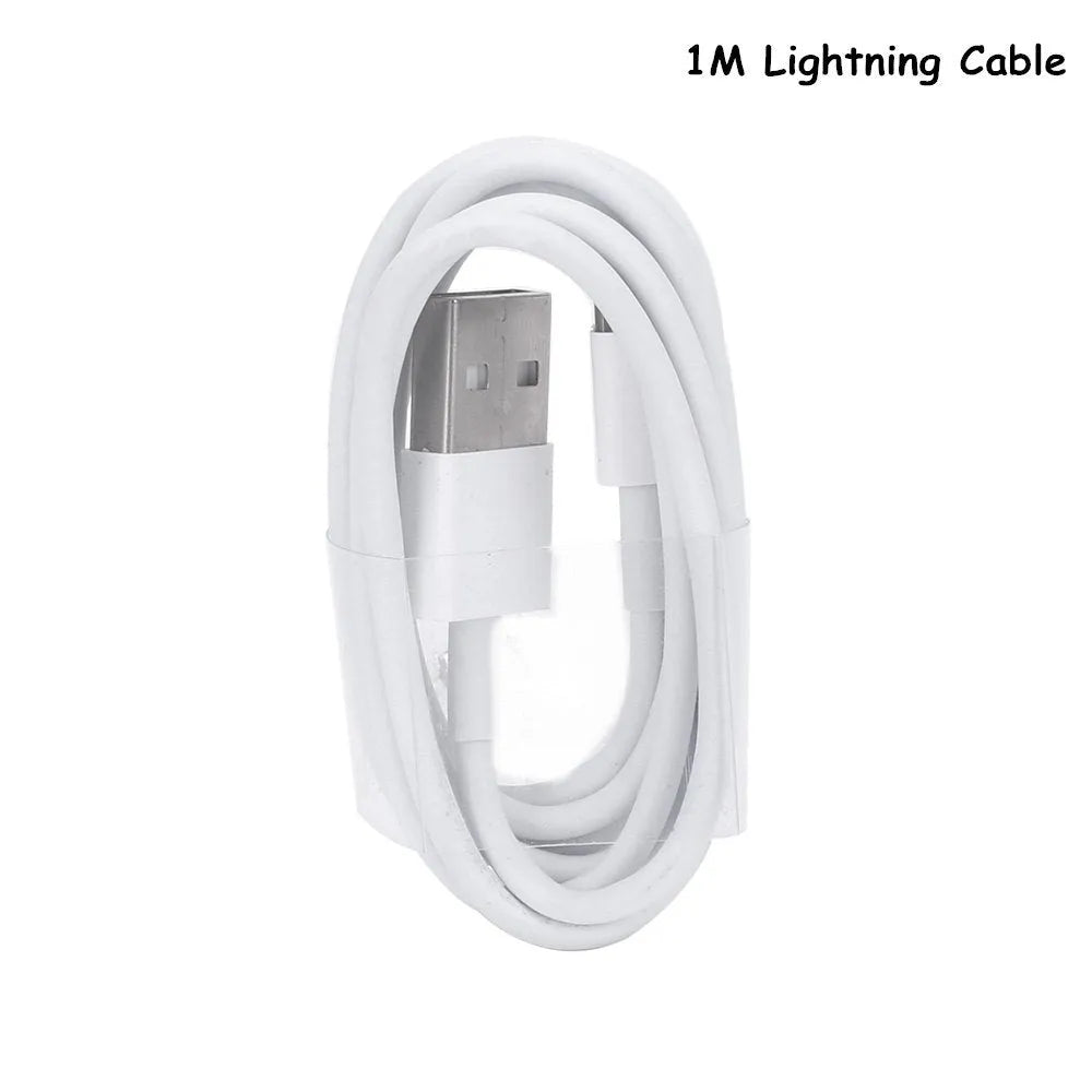 White USB wall charger and white Lightning cable for iPhone and iPad charging.