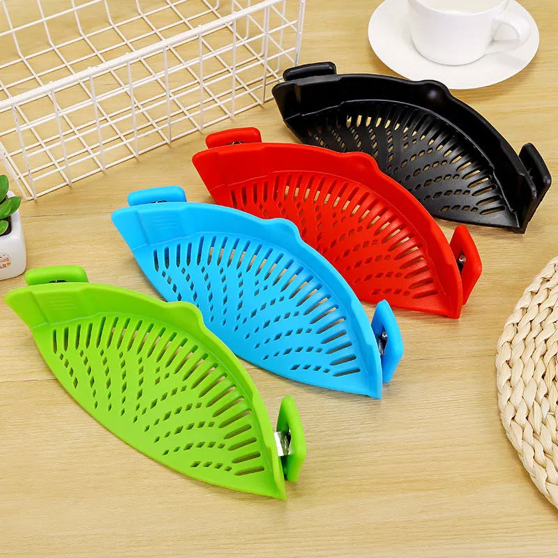 Silicone clip-on pot funnel strainer with stainless steel insert for draining liquids