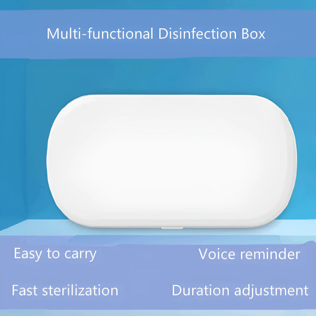 White ABS UV steriliser and wireless charging box for mobile phones and toothbrushes.