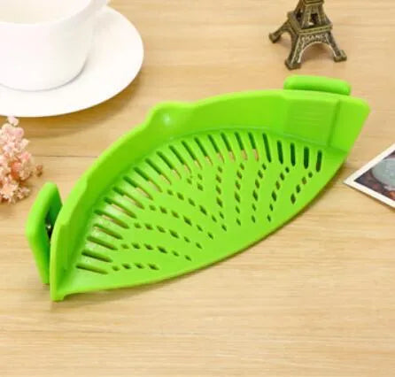 Silicone clip-on pot funnel strainer with stainless steel insert for draining liquids