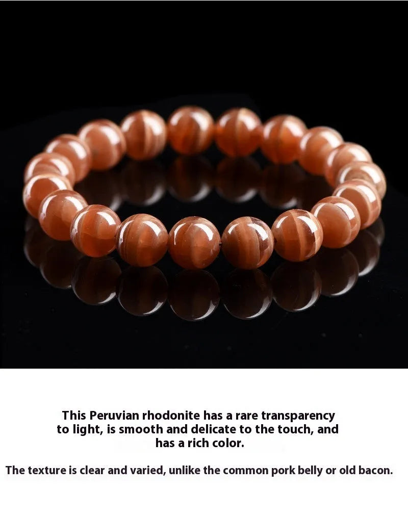 Natural old mine rhodochrosite round bead bracelet with geometric design and ruyi elements
