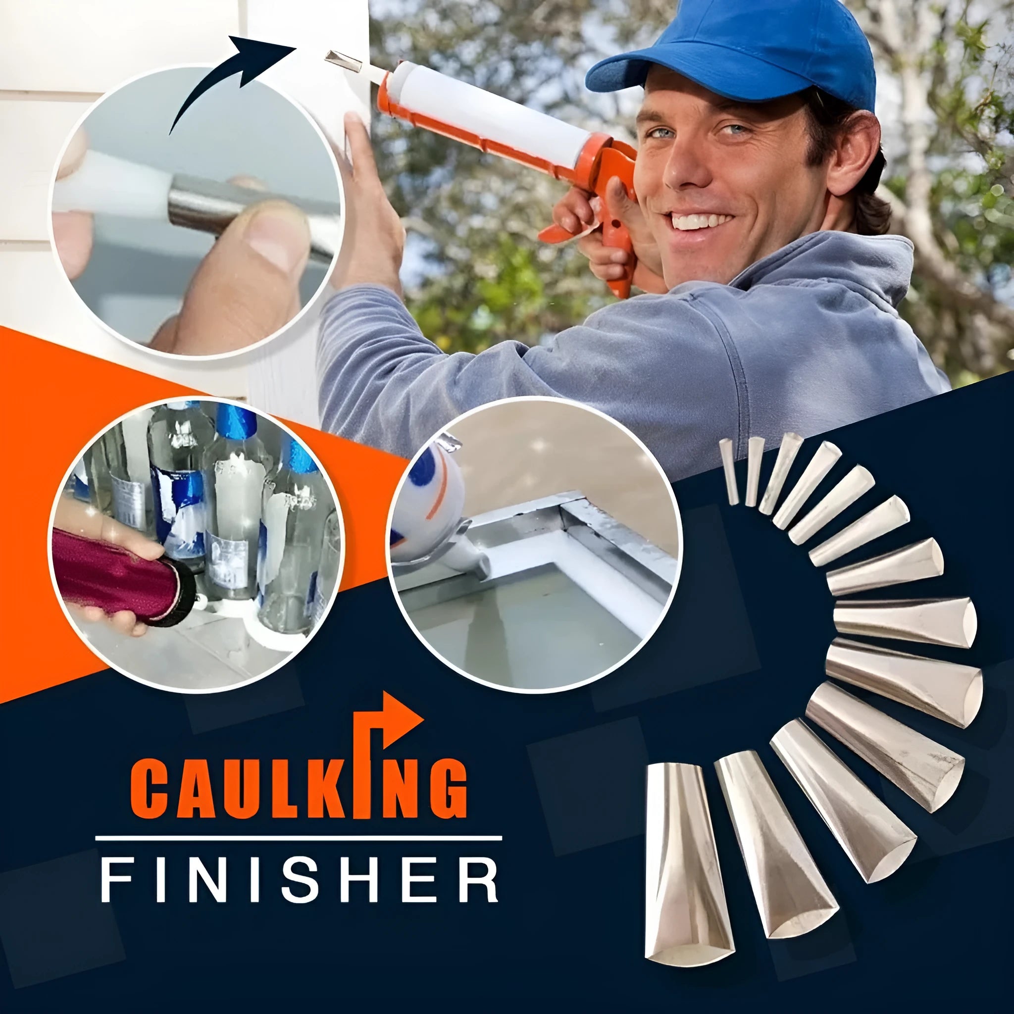 Stainless steel caulking nozzle finishing tool set with 14 pieces in 5mm to 35mm sizes